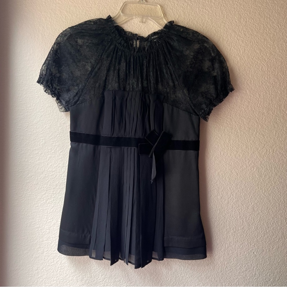 BCBGMaxazria black lace pleated ribbon blouse size 4